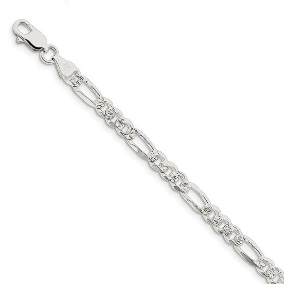 5.5mm Sterling Silver Pave Flat Figaro Chain Bracelet 8 Inch